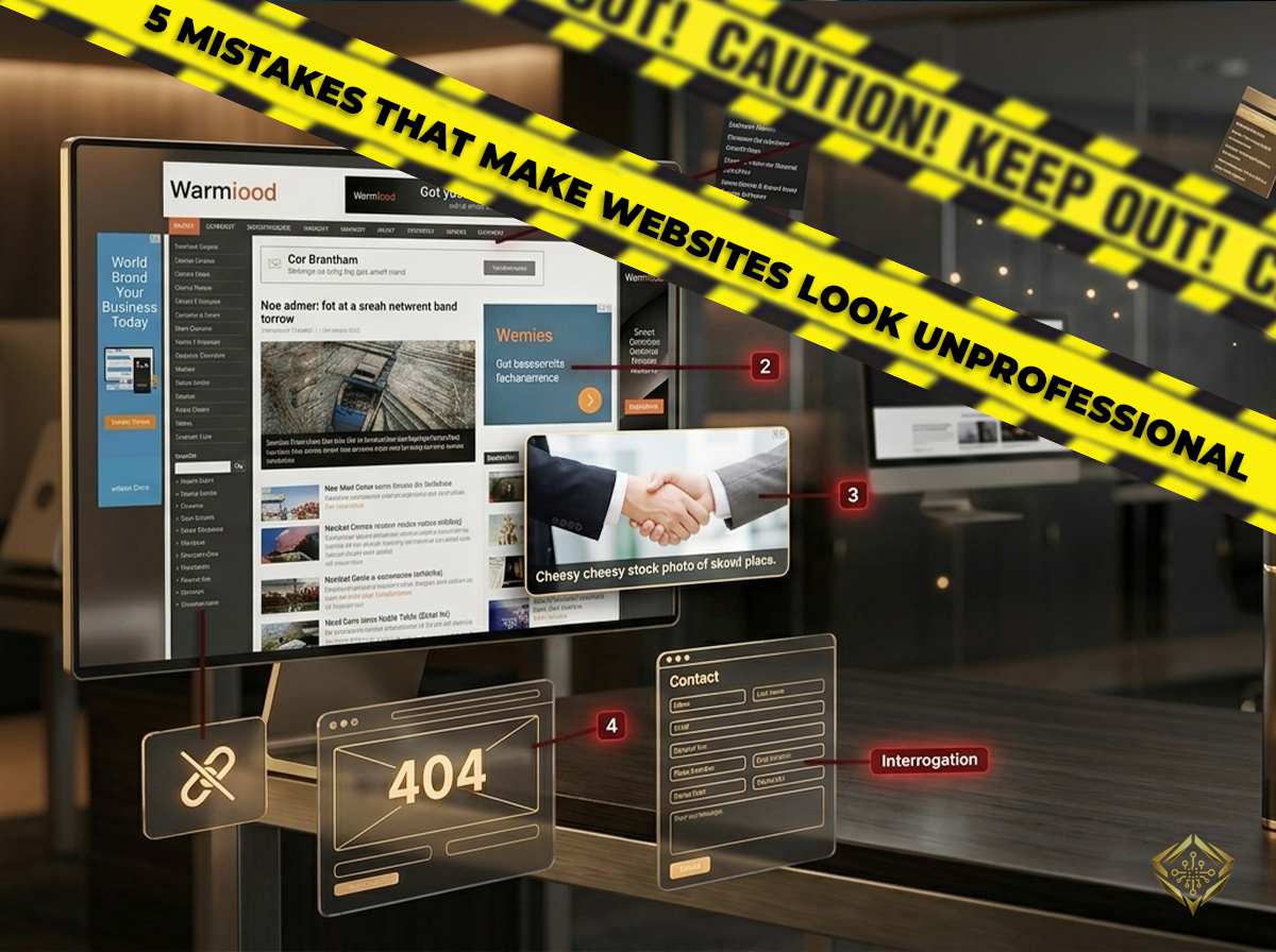 Infographic featuring a caution tape overlay titled '5 Mistakes That Make Websites Look Unprofessional,' highlighting common web design flaws on a website mockup such as 404 errors, broken links, and poor stock photography.