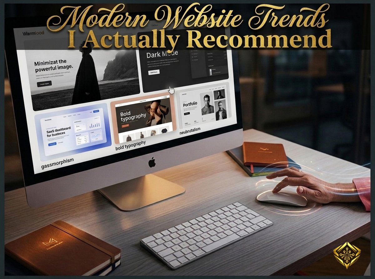 Desktop monitor showcasing modern website design trends I recommend, such as glassmorphism, dark mode, and bold typography.