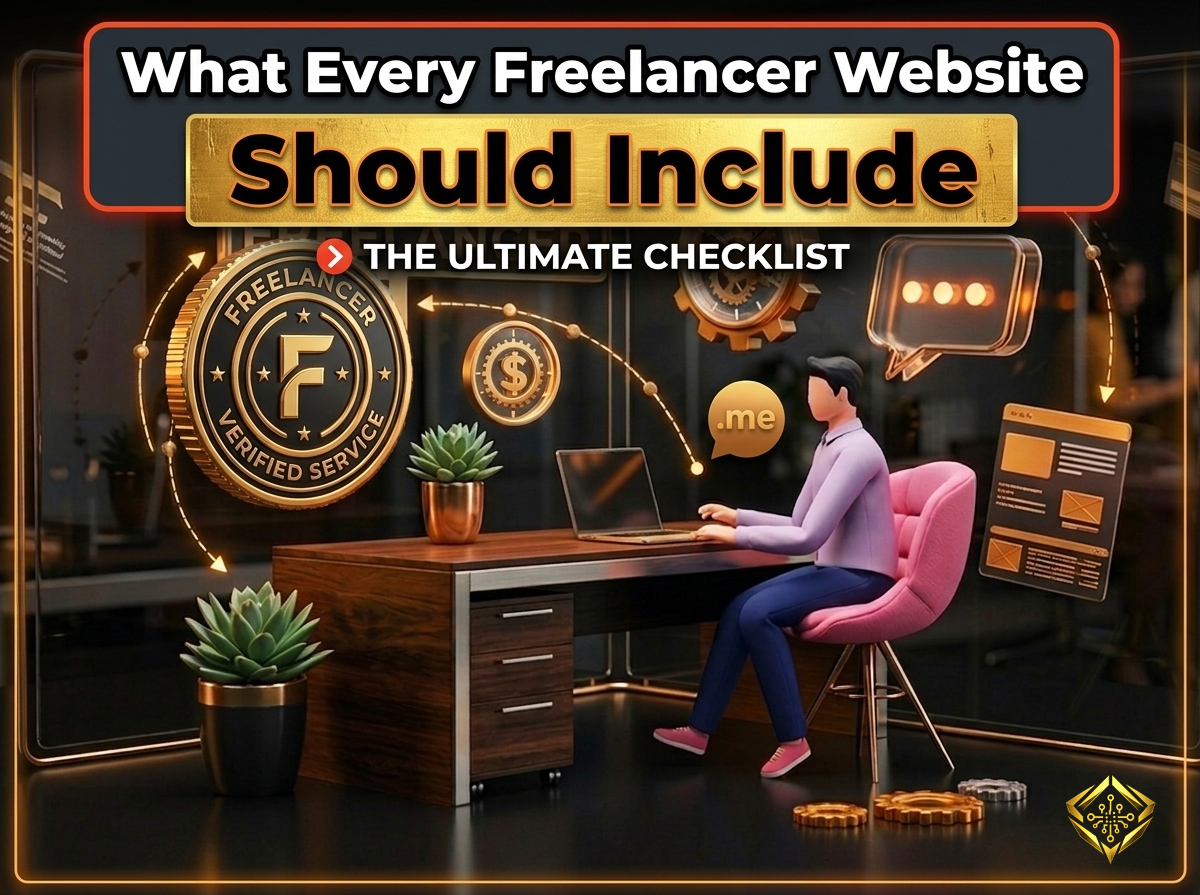 Infographic checklist of what every freelancer website should include: professional portfolio, service breakdown, about page, client testimonials, and clear contact calls-to-action.