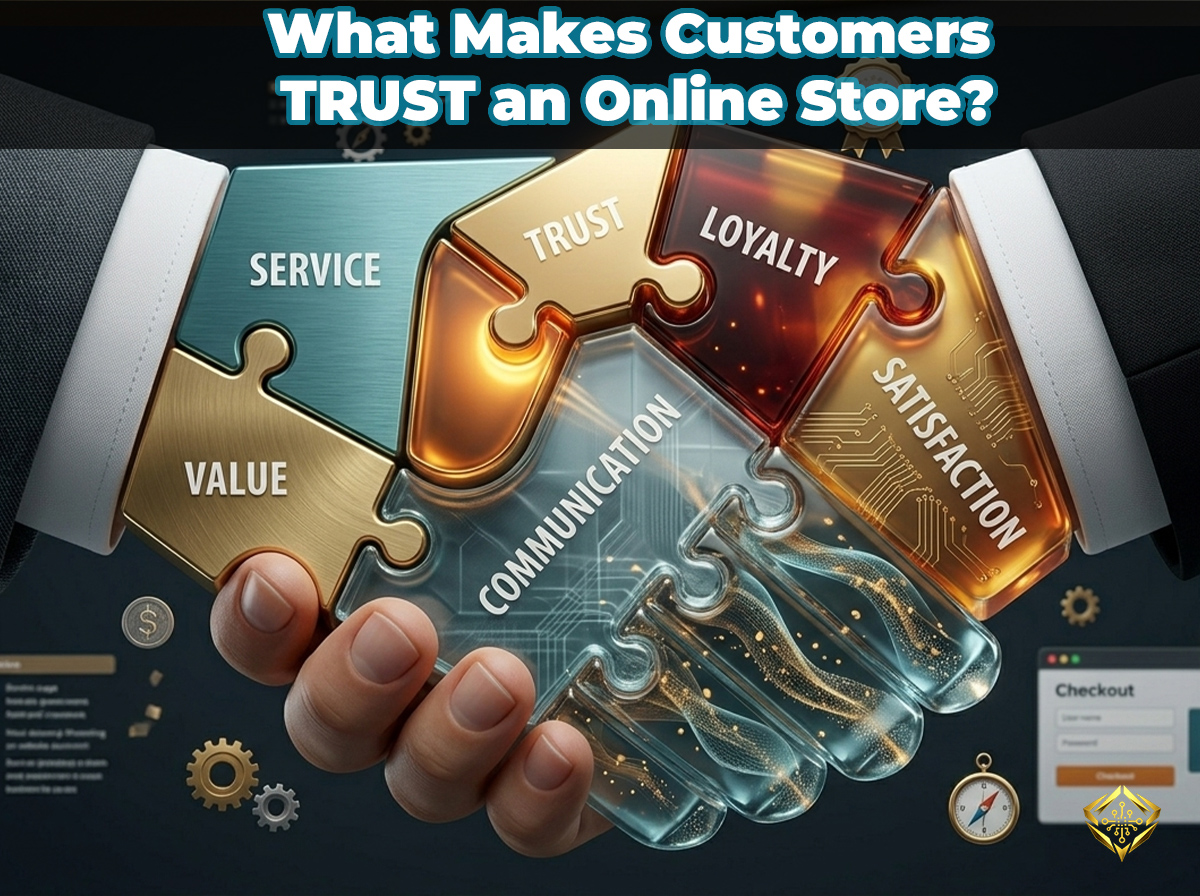 Conceptual illustration of a handshake formed by puzzle pieces, representing the core pillars of online store customer trust: communication, service, value, loyalty, and satisfaction.